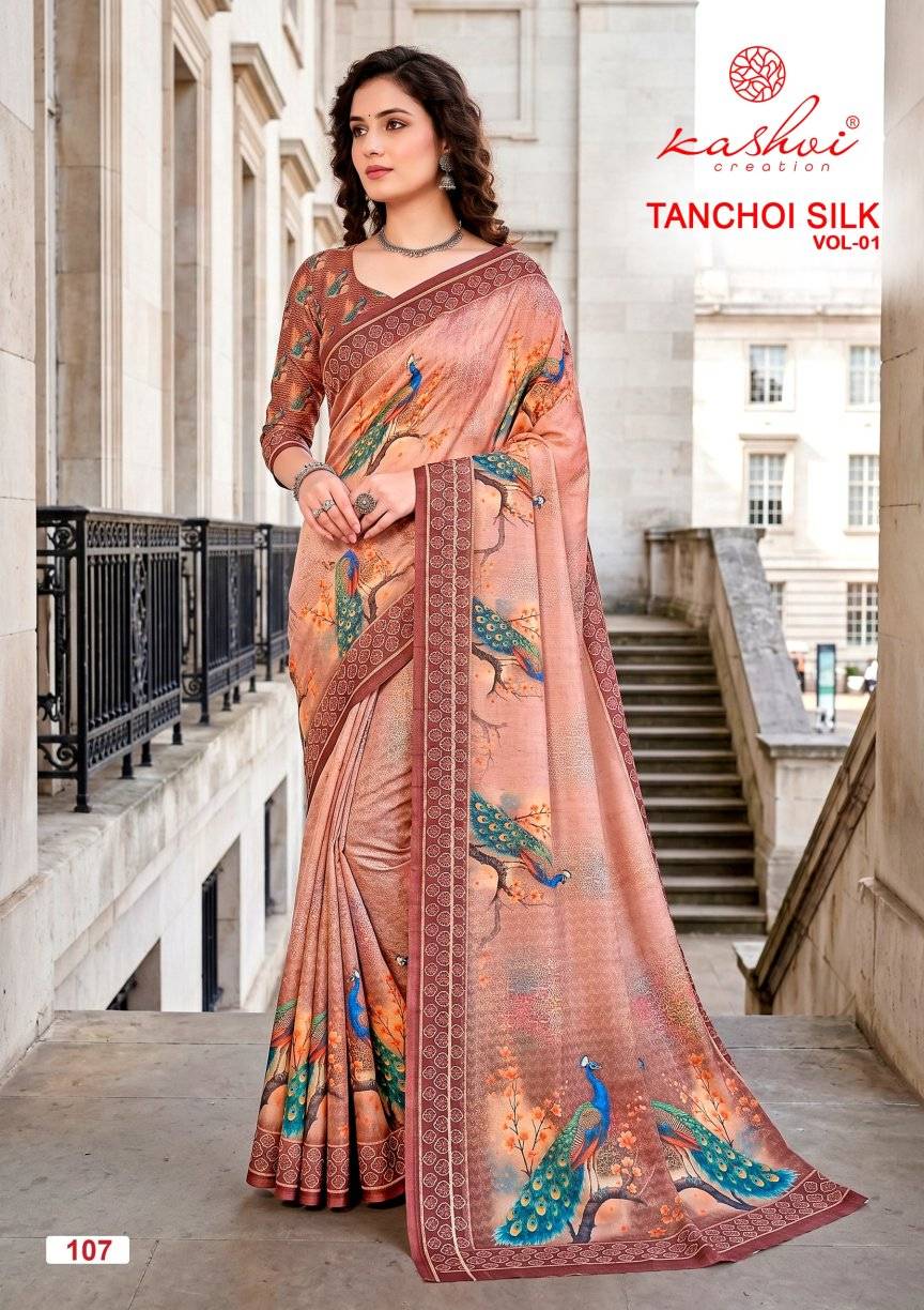  TANCHOI SILK VOL 01 By KASHVI CREATION 101 To 108 Series Indian Traditional Wear DULL MOSS sarees At Wholesale Price